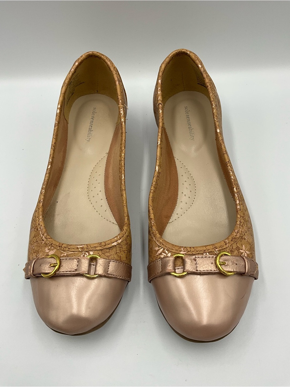 Metallic Rose Gold Ballet Flats with Buckle Trim